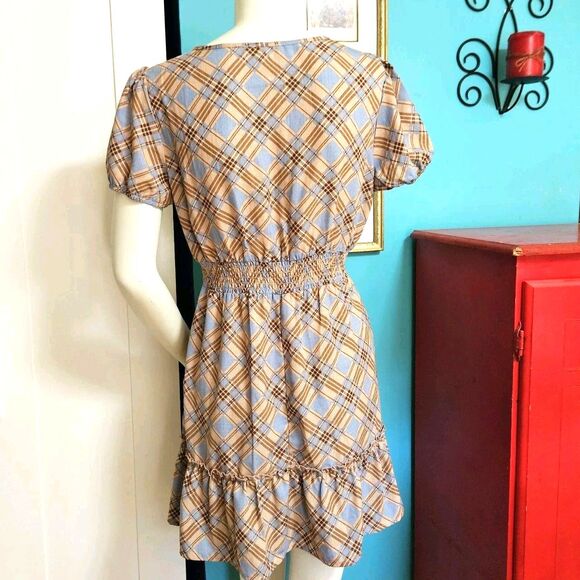 Bebop Plaid Prairie Ruffle Baby Doll Mini Dress Pullover Brown Blue Plaid Med Jr - Picture 5 of 10